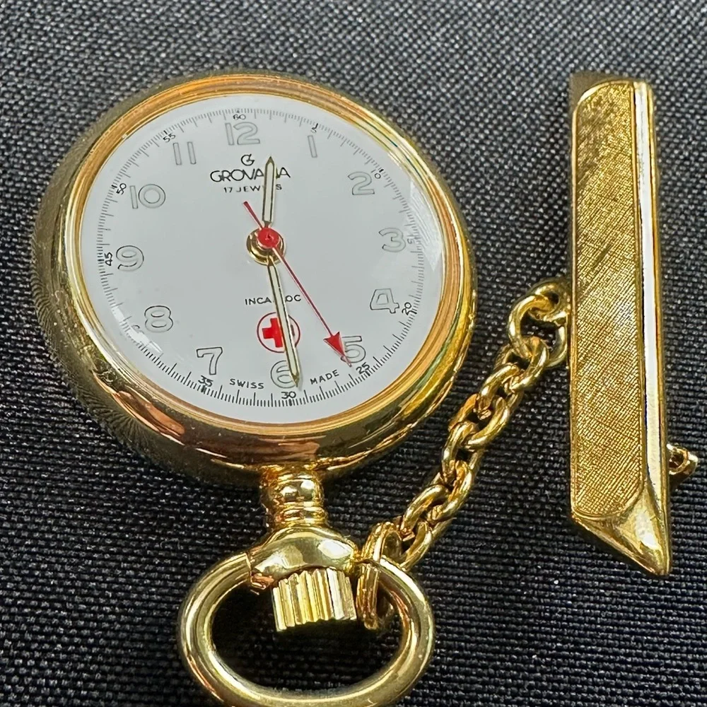 Vintage Grovana Swiss Nurse Fob Watch Brooch Gold Tone White Dial Incabloc Pin